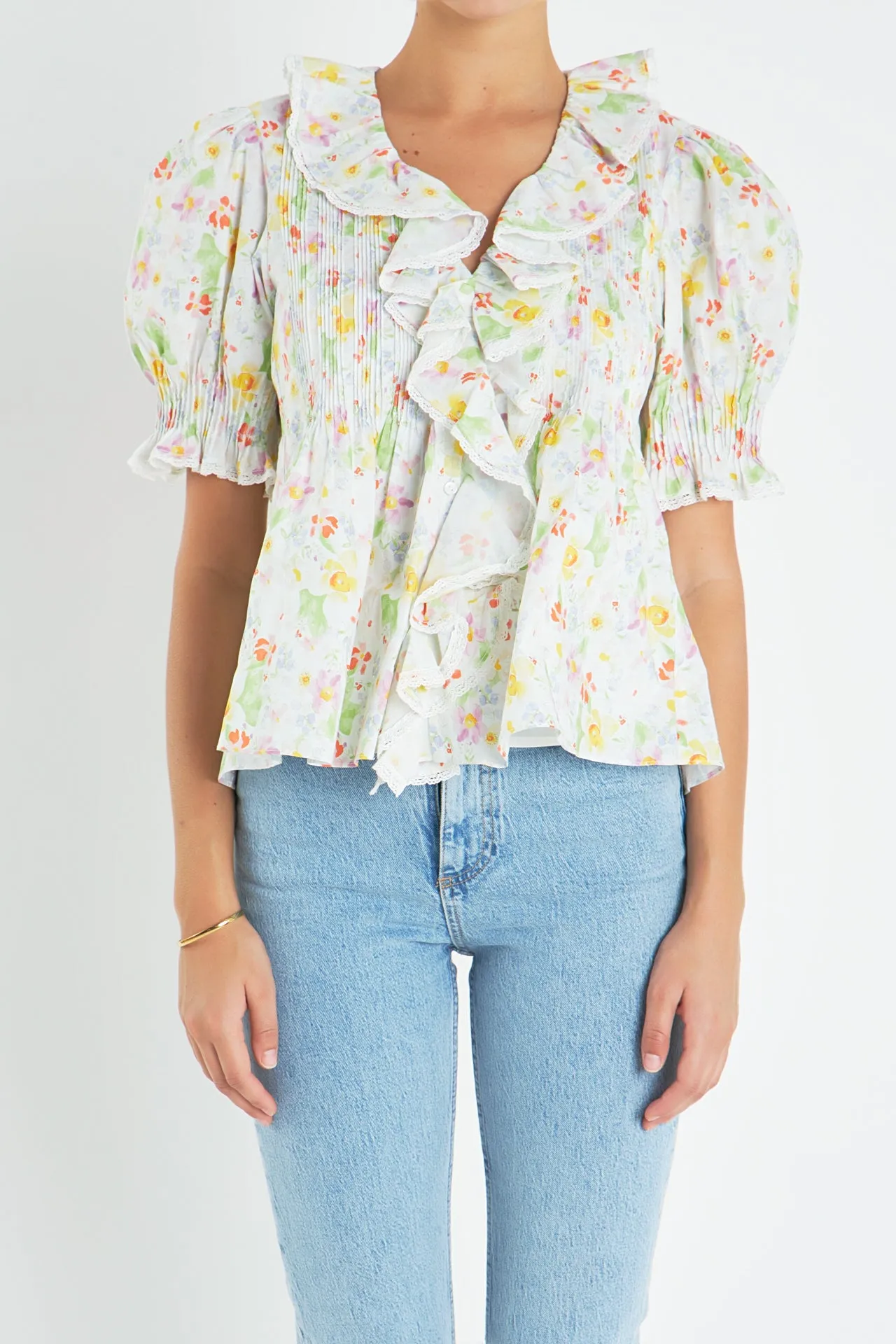 Abstract Floral Print Ruffle Top