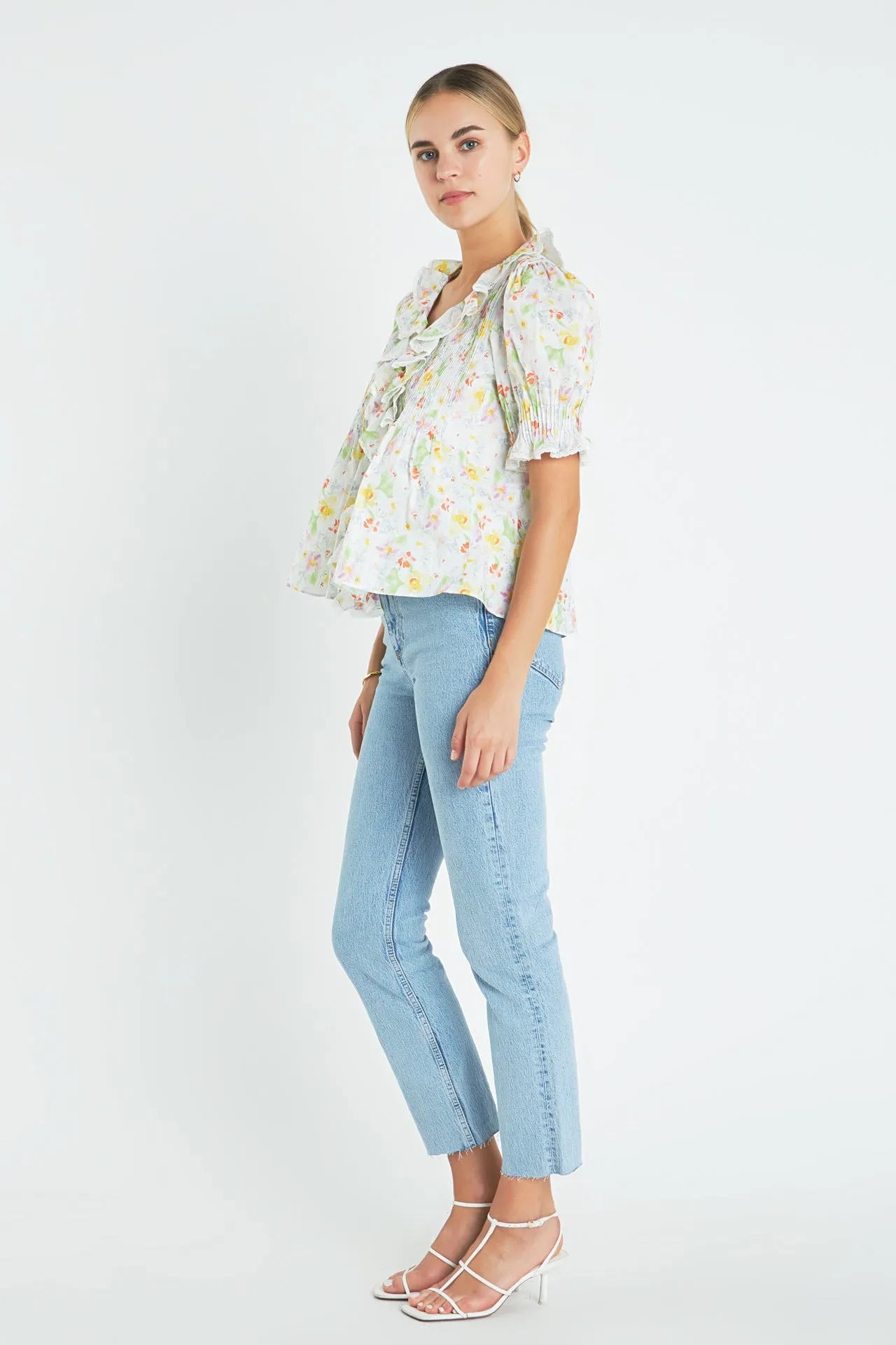 Abstract Floral Print Ruffle Top