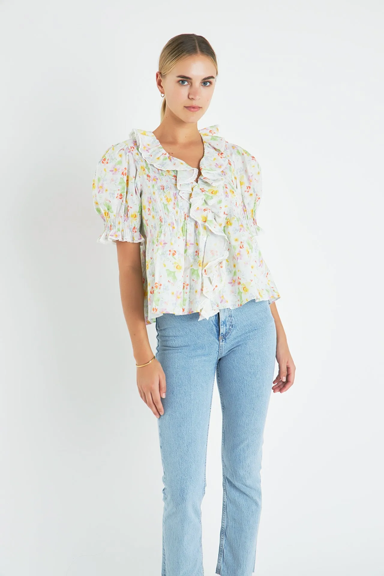 Abstract Floral Print Ruffle Top