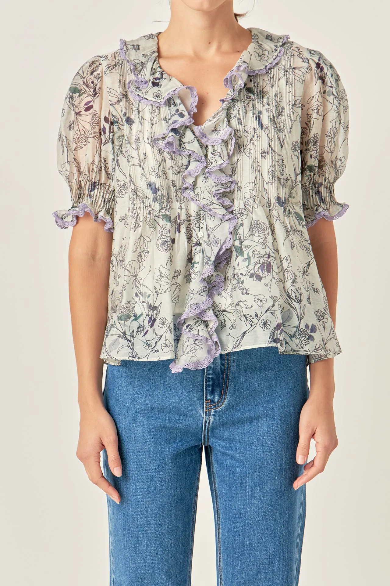 Abstract Floral Print Ruffle Top
