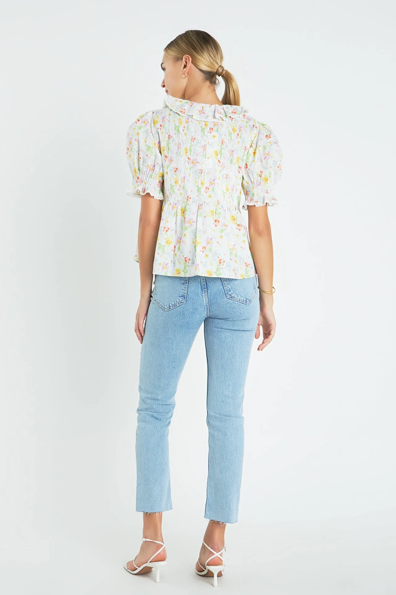 Abstract Floral Print Ruffle Top