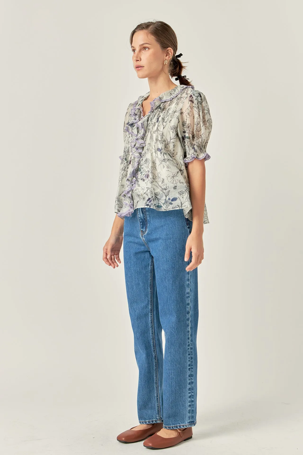Abstract Floral Print Ruffle Top