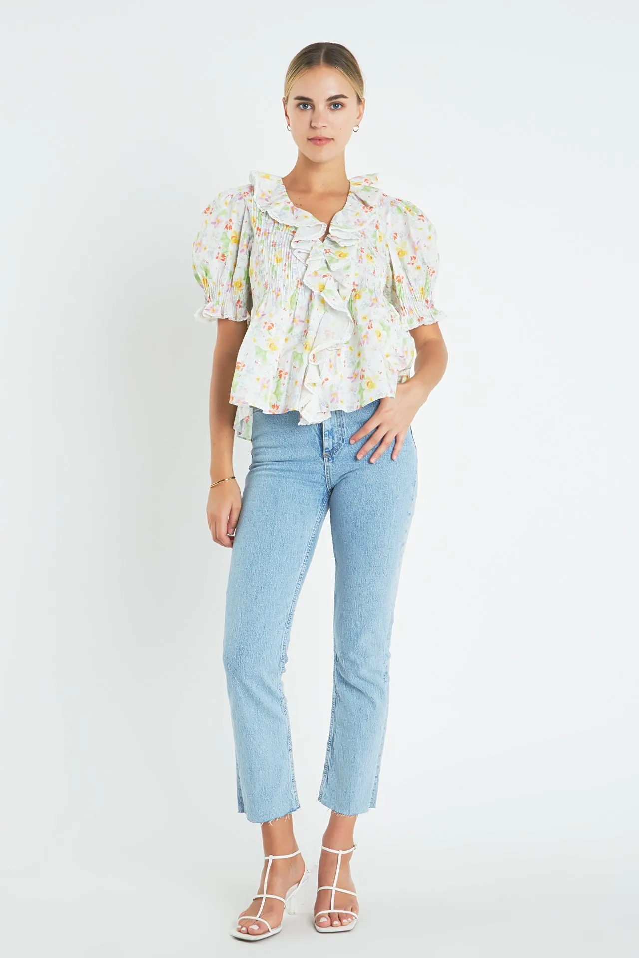 Abstract Floral Print Ruffle Top