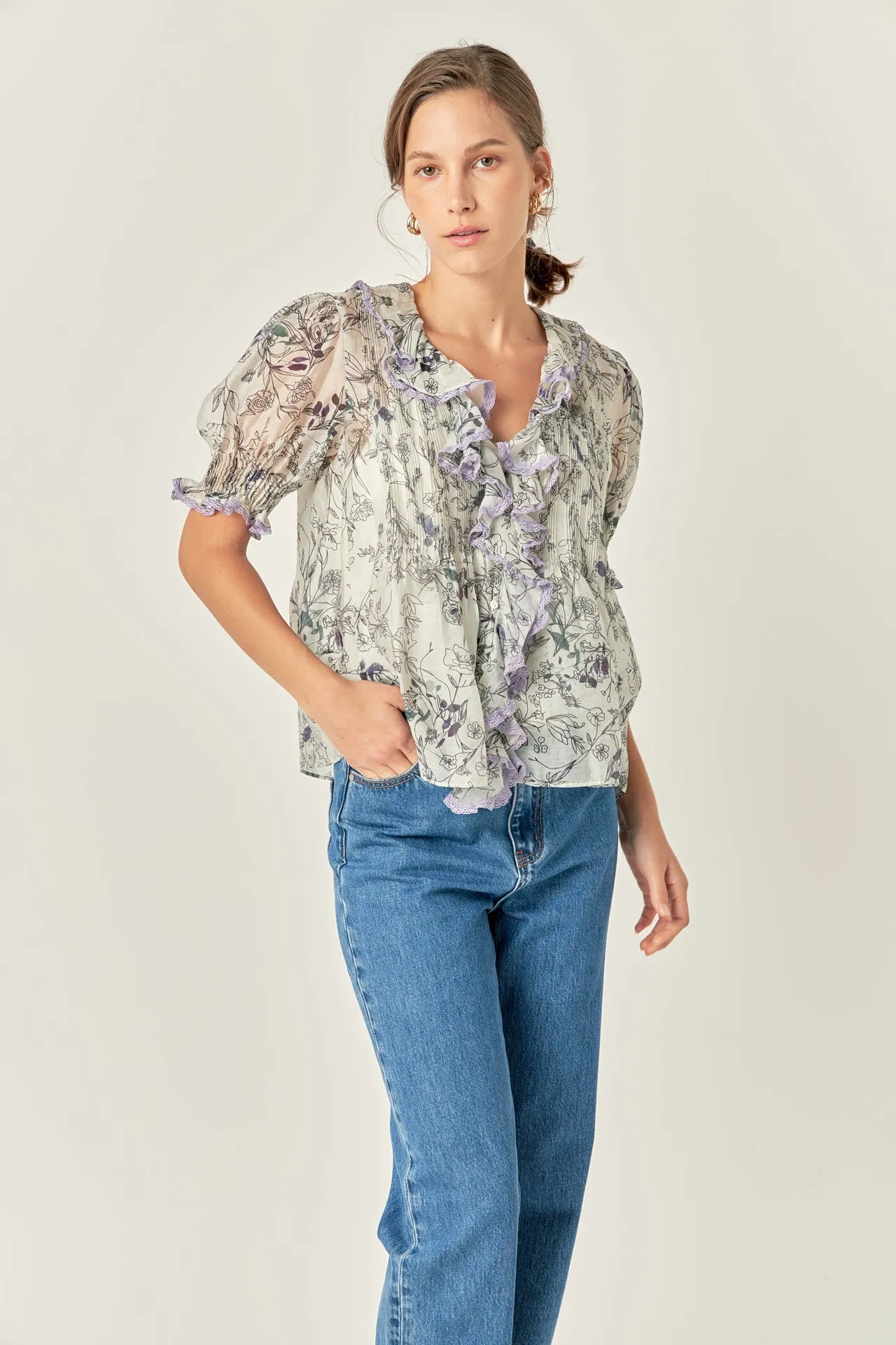 Abstract Floral Print Ruffle Top