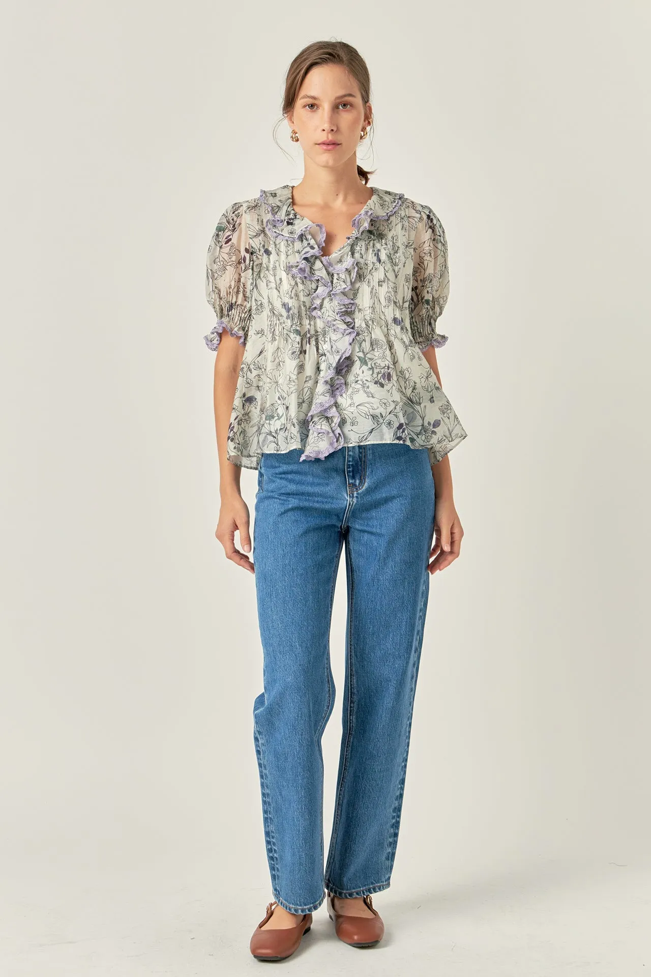 Abstract Floral Print Ruffle Top