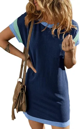 Acelitt Womens Casual Summer Color Block Crewneck Short Sleeve Tshirts Dress,S-XXL