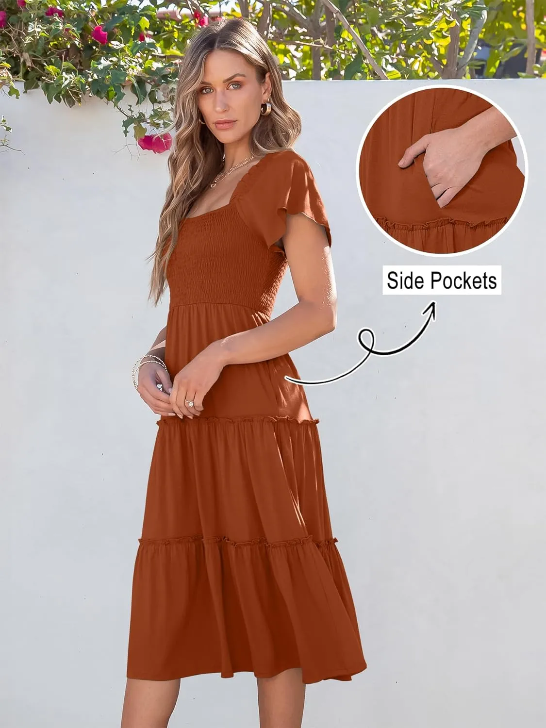 ANRABESS Women Summer Casual Square Neck Flutter Sleeve Boho Smocked A-Line Flowy Tiered Modest Midi Sun Dress with Pockets