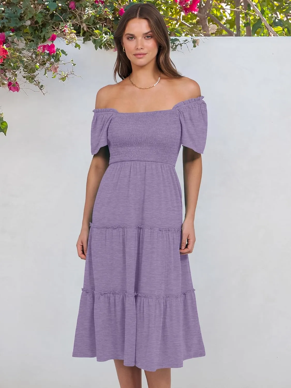 ANRABESS Women Summer Casual Square Neck Flutter Sleeve Boho Smocked A-Line Flowy Tiered Modest Midi Sun Dress with Pockets