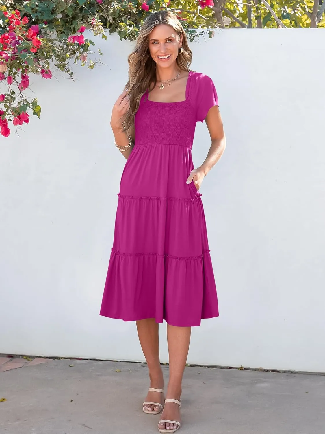 ANRABESS Women Summer Casual Square Neck Flutter Sleeve Boho Smocked A-Line Flowy Tiered Modest Midi Sun Dress with Pockets