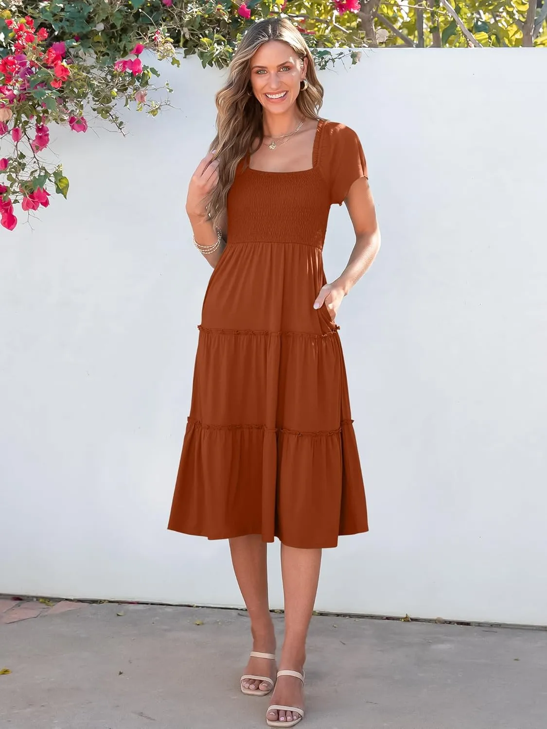ANRABESS Women Summer Casual Square Neck Flutter Sleeve Boho Smocked A-Line Flowy Tiered Modest Midi Sun Dress with Pockets