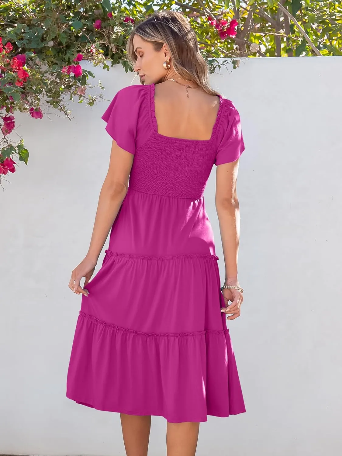 ANRABESS Women Summer Casual Square Neck Flutter Sleeve Boho Smocked A-Line Flowy Tiered Modest Midi Sun Dress with Pockets