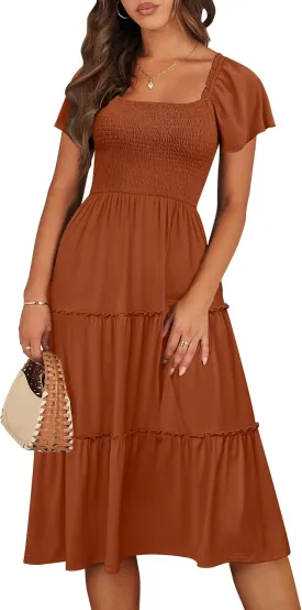 ANRABESS Women Summer Casual Square Neck Flutter Sleeve Boho Smocked A-Line Flowy Tiered Modest Midi Sun Dress with Pockets