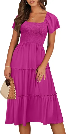 ANRABESS Women Summer Casual Square Neck Flutter Sleeve Boho Smocked A-Line Flowy Tiered Modest Midi Sun Dress with Pockets