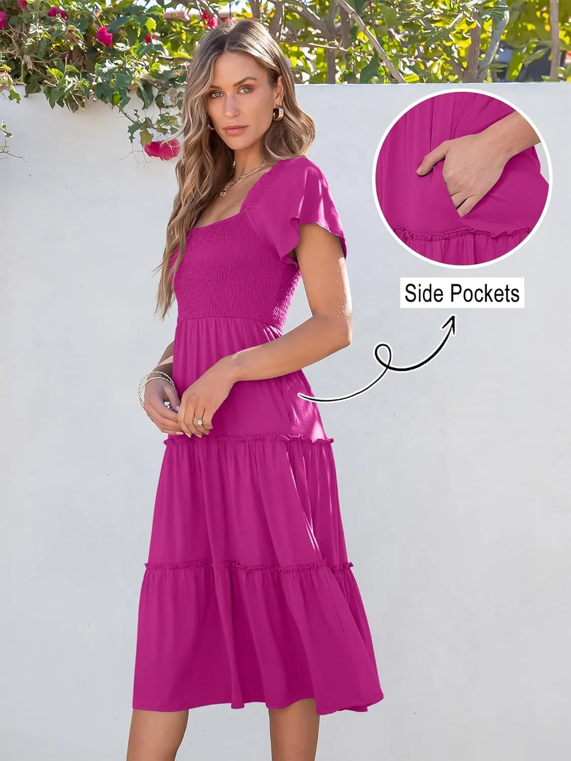 ANRABESS Women Summer Casual Square Neck Flutter Sleeve Boho Smocked A-Line Flowy Tiered Modest Midi Sun Dress with Pockets