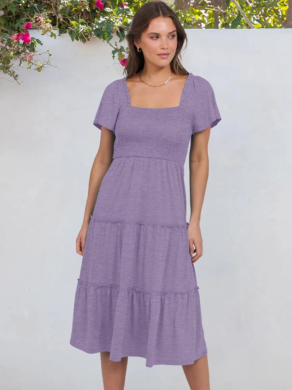 ANRABESS Women Summer Casual Square Neck Flutter Sleeve Boho Smocked A-Line Flowy Tiered Modest Midi Sun Dress with Pockets