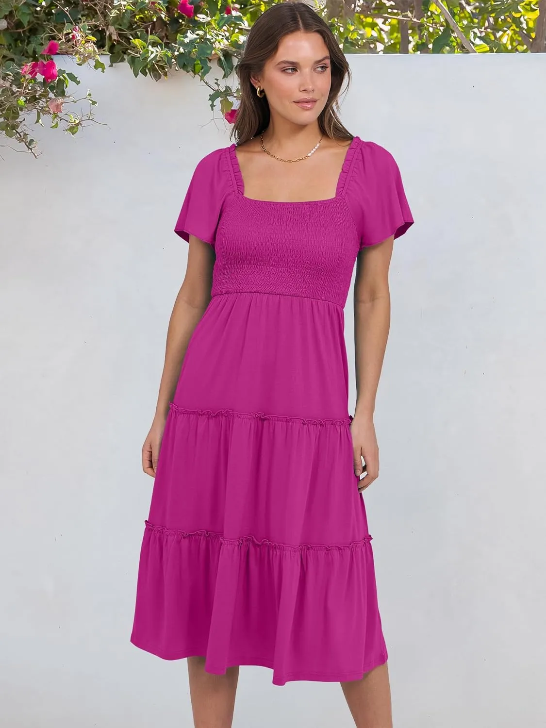 ANRABESS Women Summer Casual Square Neck Flutter Sleeve Boho Smocked A-Line Flowy Tiered Modest Midi Sun Dress with Pockets