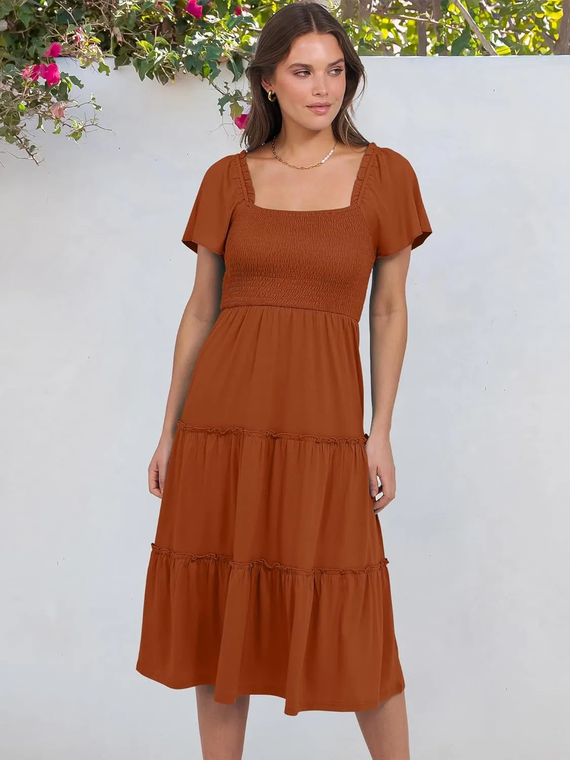 ANRABESS Women Summer Casual Square Neck Flutter Sleeve Boho Smocked A-Line Flowy Tiered Modest Midi Sun Dress with Pockets