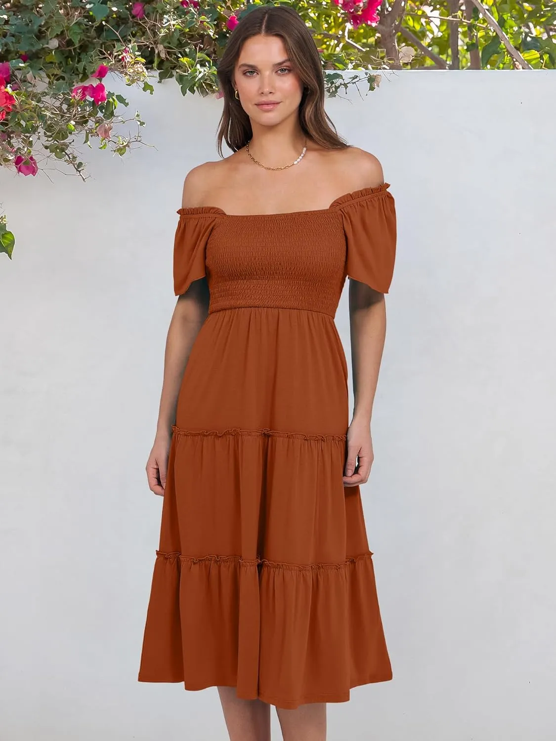 ANRABESS Women Summer Casual Square Neck Flutter Sleeve Boho Smocked A-Line Flowy Tiered Modest Midi Sun Dress with Pockets