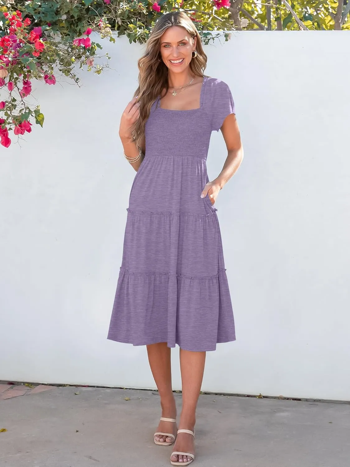 ANRABESS Women Summer Casual Square Neck Flutter Sleeve Boho Smocked A-Line Flowy Tiered Modest Midi Sun Dress with Pockets