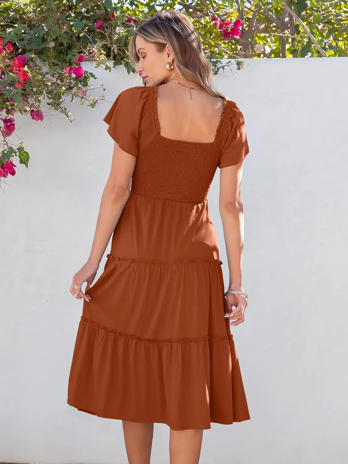 ANRABESS Women Summer Casual Square Neck Flutter Sleeve Boho Smocked A-Line Flowy Tiered Modest Midi Sun Dress with Pockets