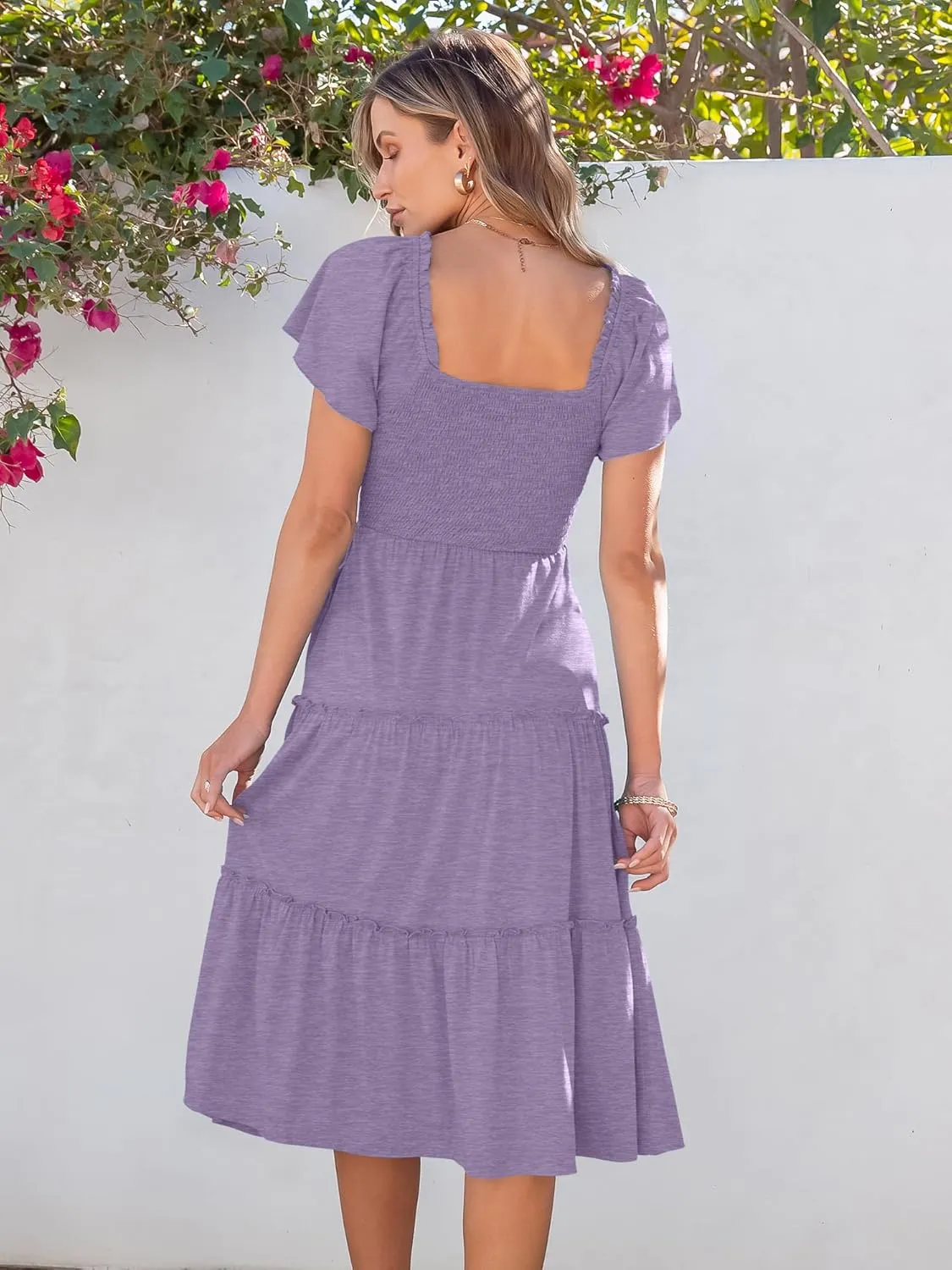 ANRABESS Women Summer Casual Square Neck Flutter Sleeve Boho Smocked A-Line Flowy Tiered Modest Midi Sun Dress with Pockets