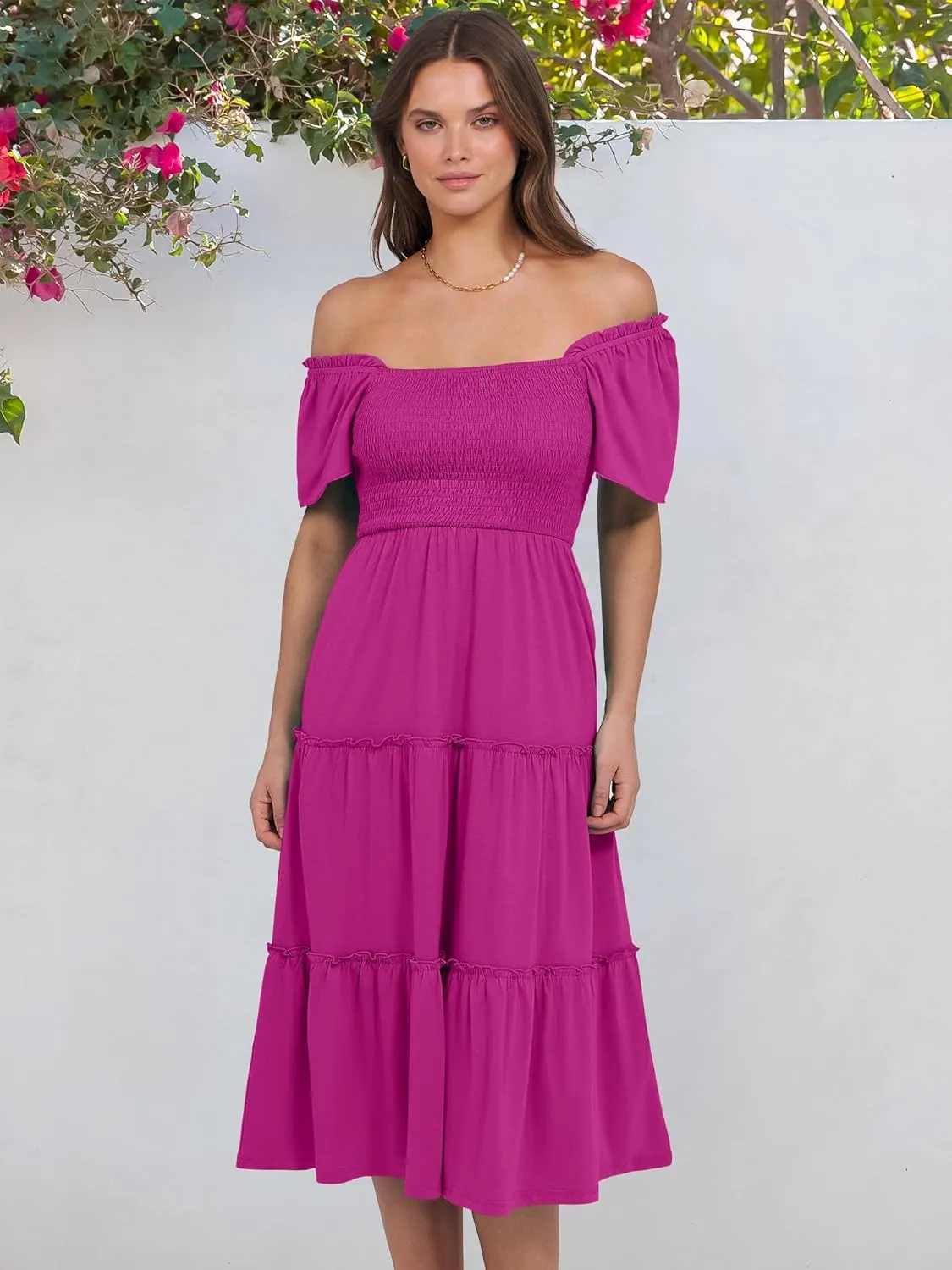 ANRABESS Women Summer Casual Square Neck Flutter Sleeve Boho Smocked A-Line Flowy Tiered Modest Midi Sun Dress with Pockets