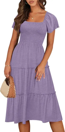ANRABESS Women Summer Casual Square Neck Flutter Sleeve Boho Smocked A-Line Flowy Tiered Modest Midi Sun Dress with Pockets