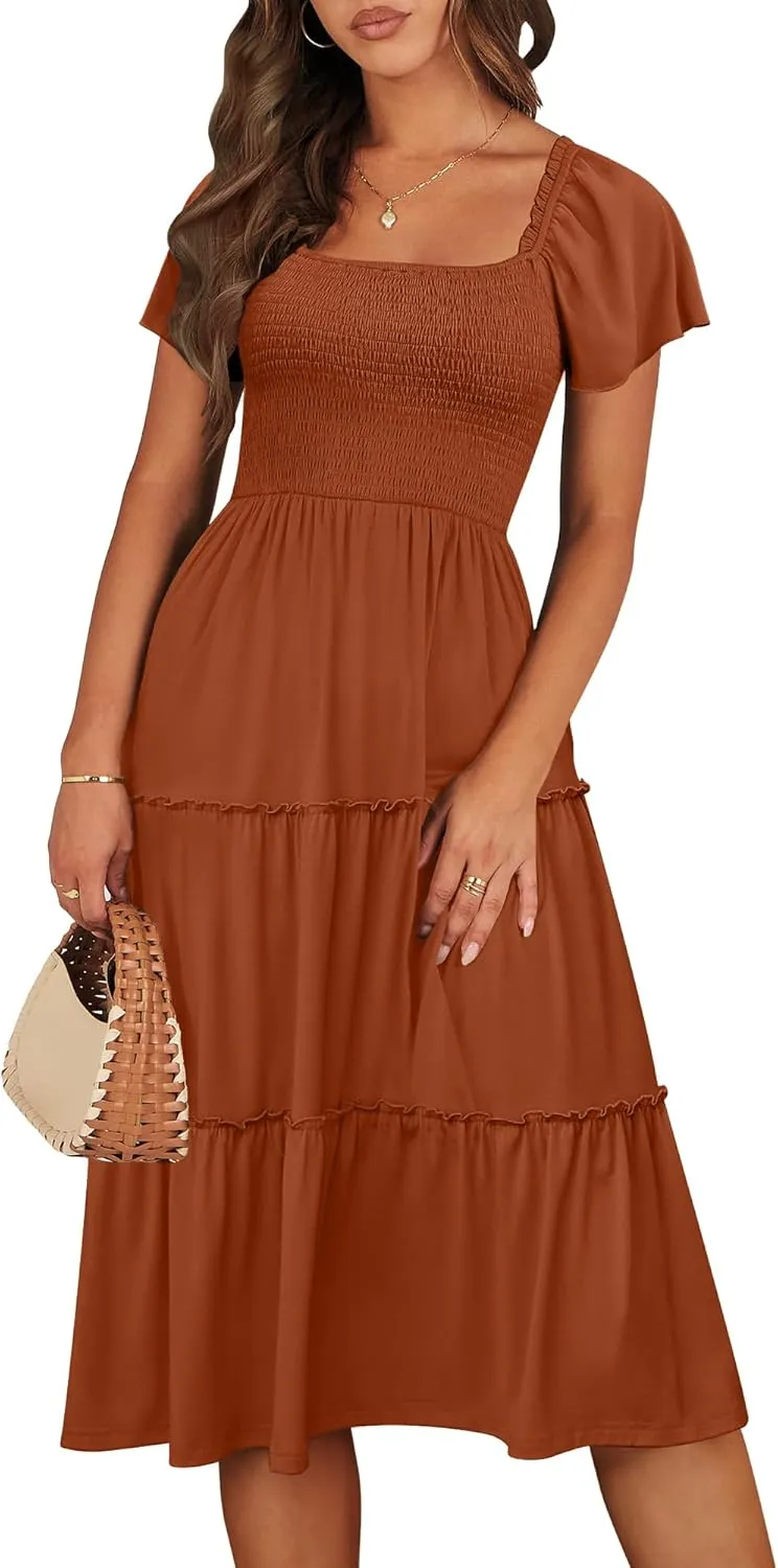 ANRABESS Women Summer Casual Square Neck Flutter Sleeve Boho Smocked A-Line Flowy Tiered Modest Midi Sun Dress with Pockets