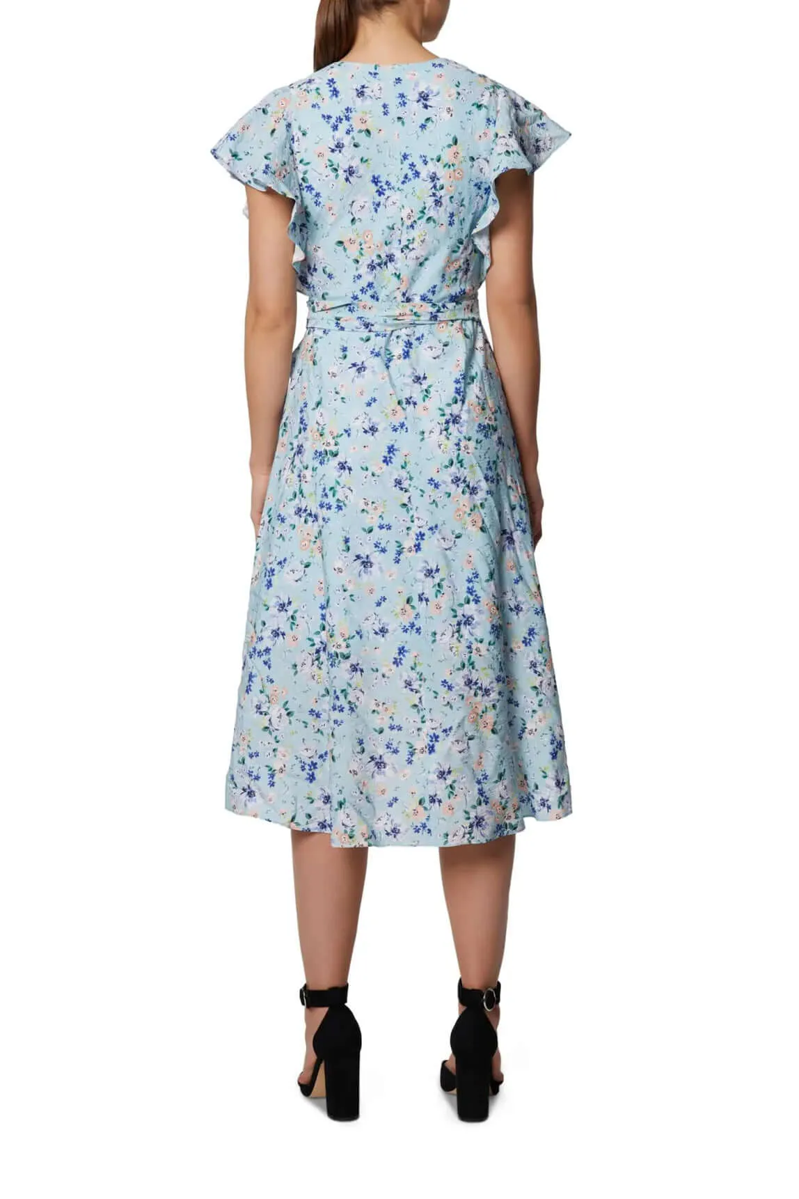 BCBGENERATION V-Neck Wrapped Tie Waist Flutter Sleeve Floral Print High Low Hem Rayon Dress