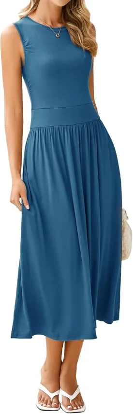 BerryGo Women's Summer Sleeveless 2025 Midi Dress Crew Neck Casual Swing Ruched Flowy Smocked Waist Dress Pockets