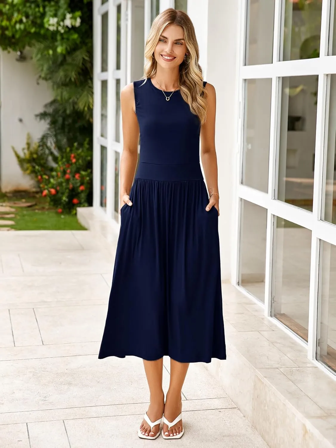 BerryGo Women's Summer Sleeveless 2025 Midi Dress Crew Neck Casual Swing Ruched Flowy Smocked Waist Dress Pockets