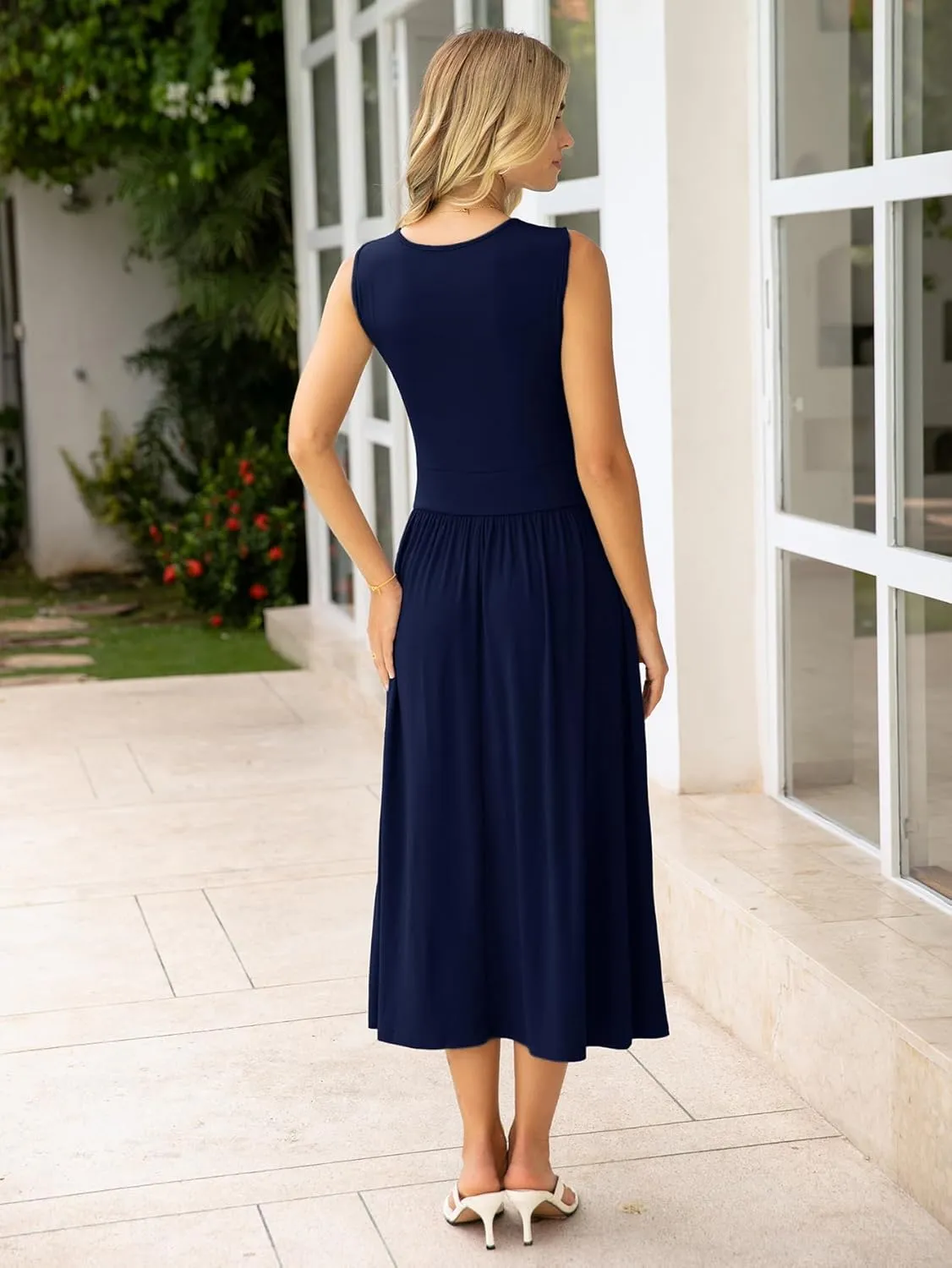 BerryGo Women's Summer Sleeveless 2025 Midi Dress Crew Neck Casual Swing Ruched Flowy Smocked Waist Dress Pockets