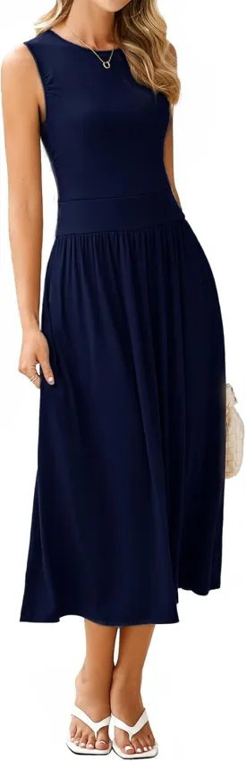 BerryGo Women's Summer Sleeveless 2025 Midi Dress Crew Neck Casual Swing Ruched Flowy Smocked Waist Dress Pockets