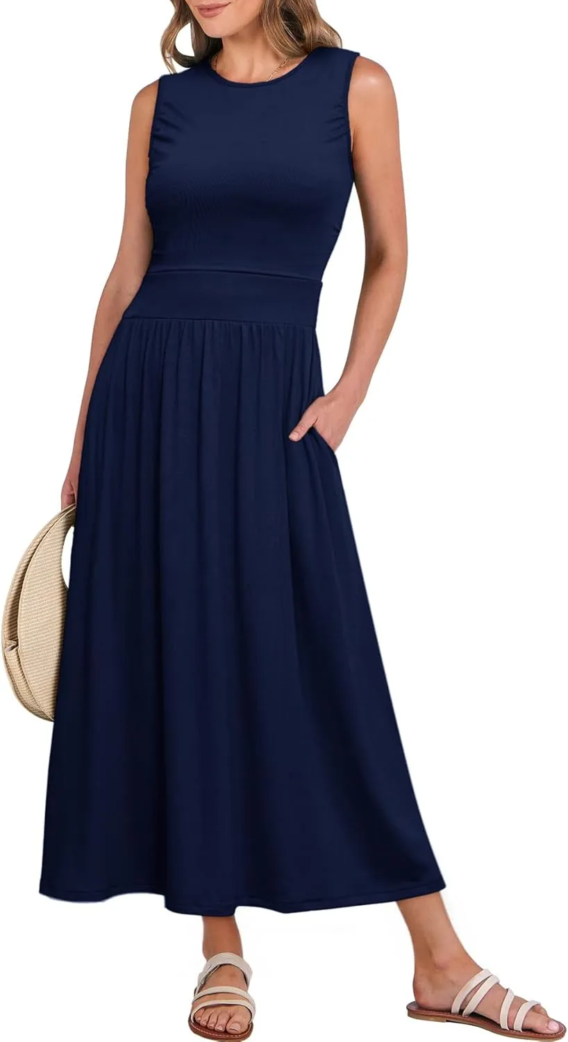 BerryGo Women's Summer Sleeveless 2025 Midi Dress Crew Neck Casual Swing Ruched Flowy Smocked Waist Dress Pockets