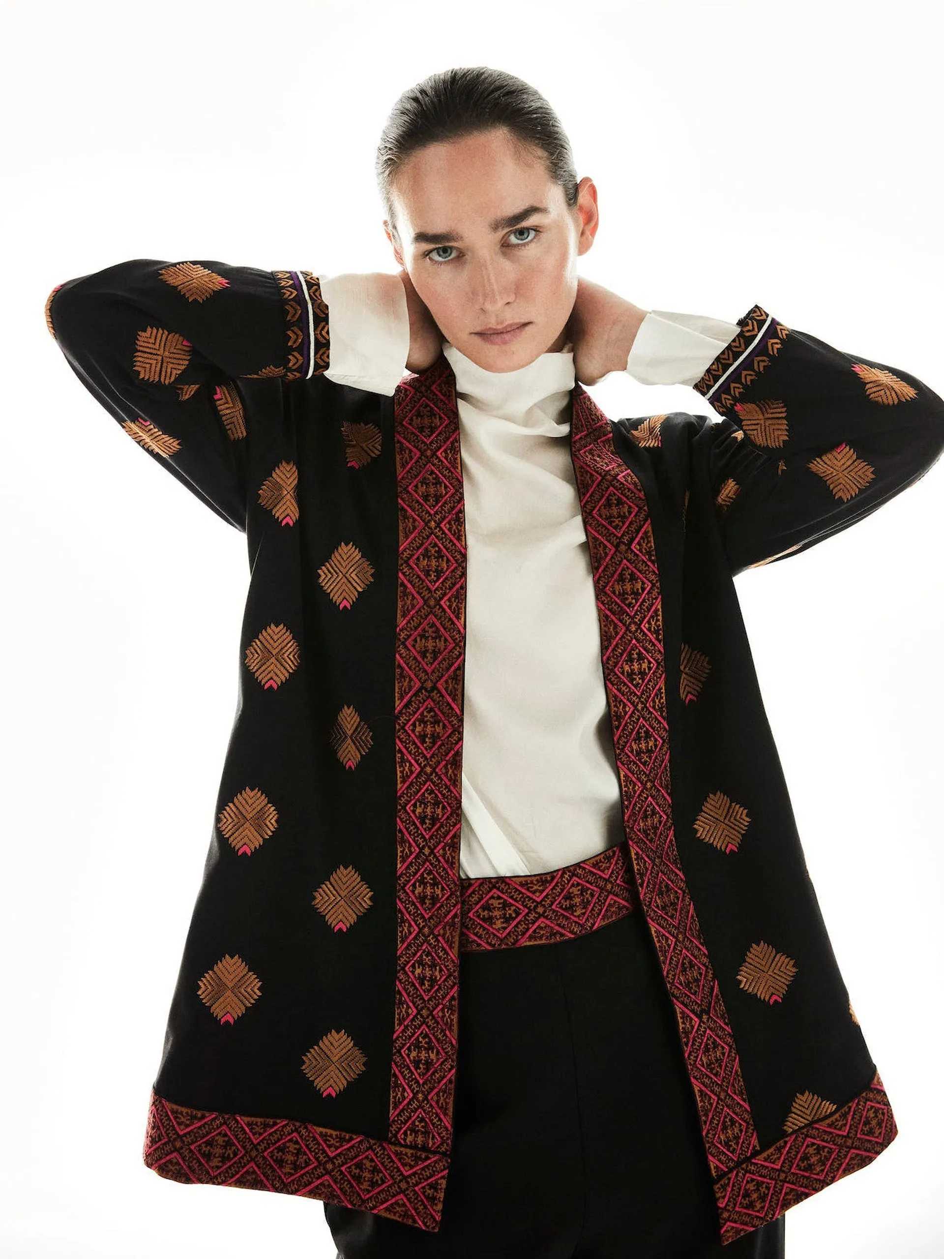 Black wool Phulkaari embroidered jacket