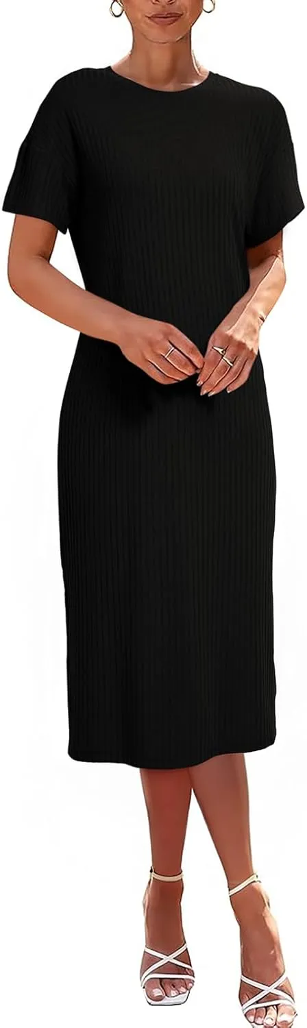 BLENCOT Womens Casual Summer Round Neck Midi Long Dress Short Sleeve Simple Side Split Solid Color Texture Beach Dress