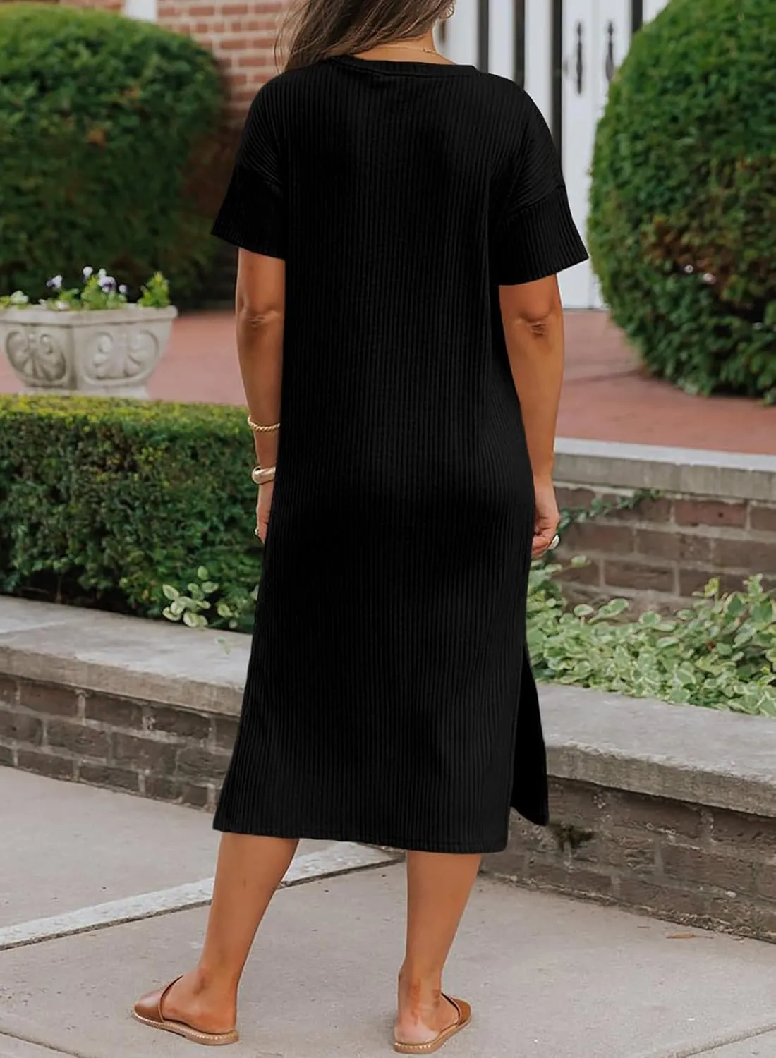 BLENCOT Womens Casual Summer Round Neck Midi Long Dress Short Sleeve Simple Side Split Solid Color Texture Beach Dress