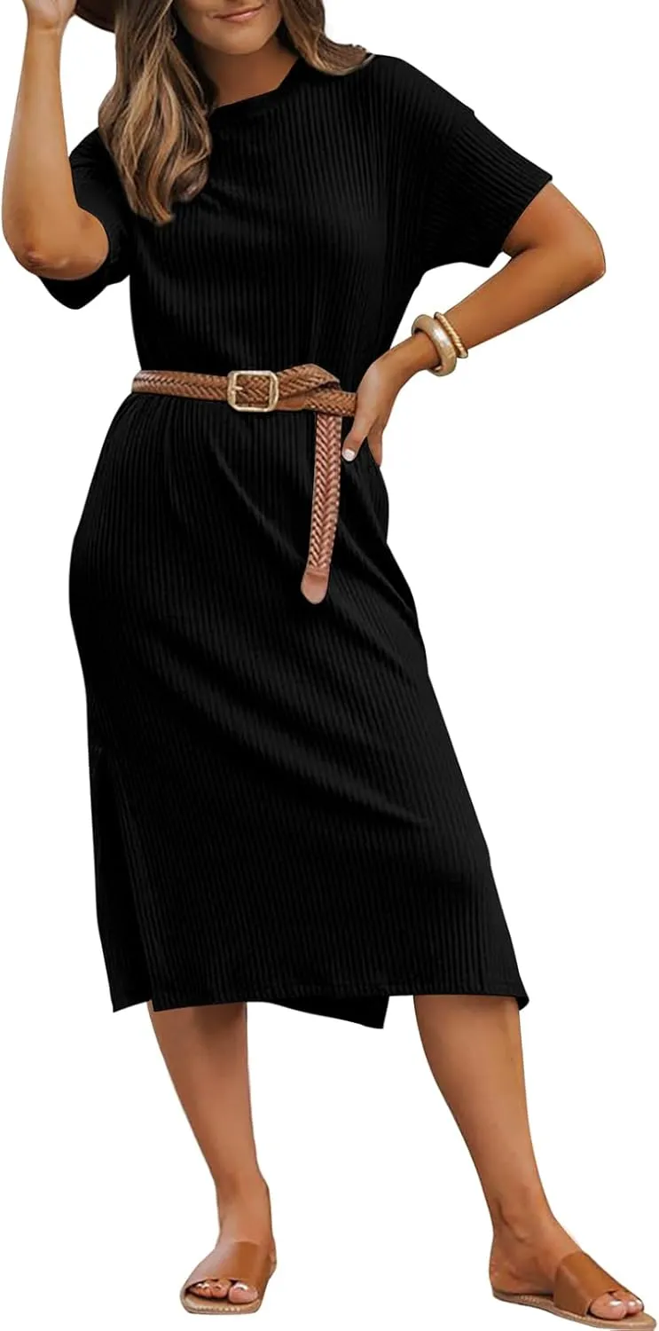 BLENCOT Womens Casual Summer Round Neck Midi Long Dress Short Sleeve Simple Side Split Solid Color Texture Beach Dress