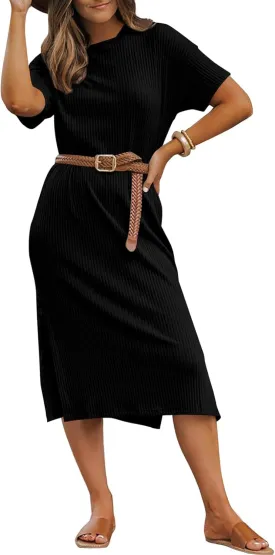BLENCOT Womens Casual Summer Round Neck Midi Long Dress Short Sleeve Simple Side Split Solid Color Texture Beach Dress