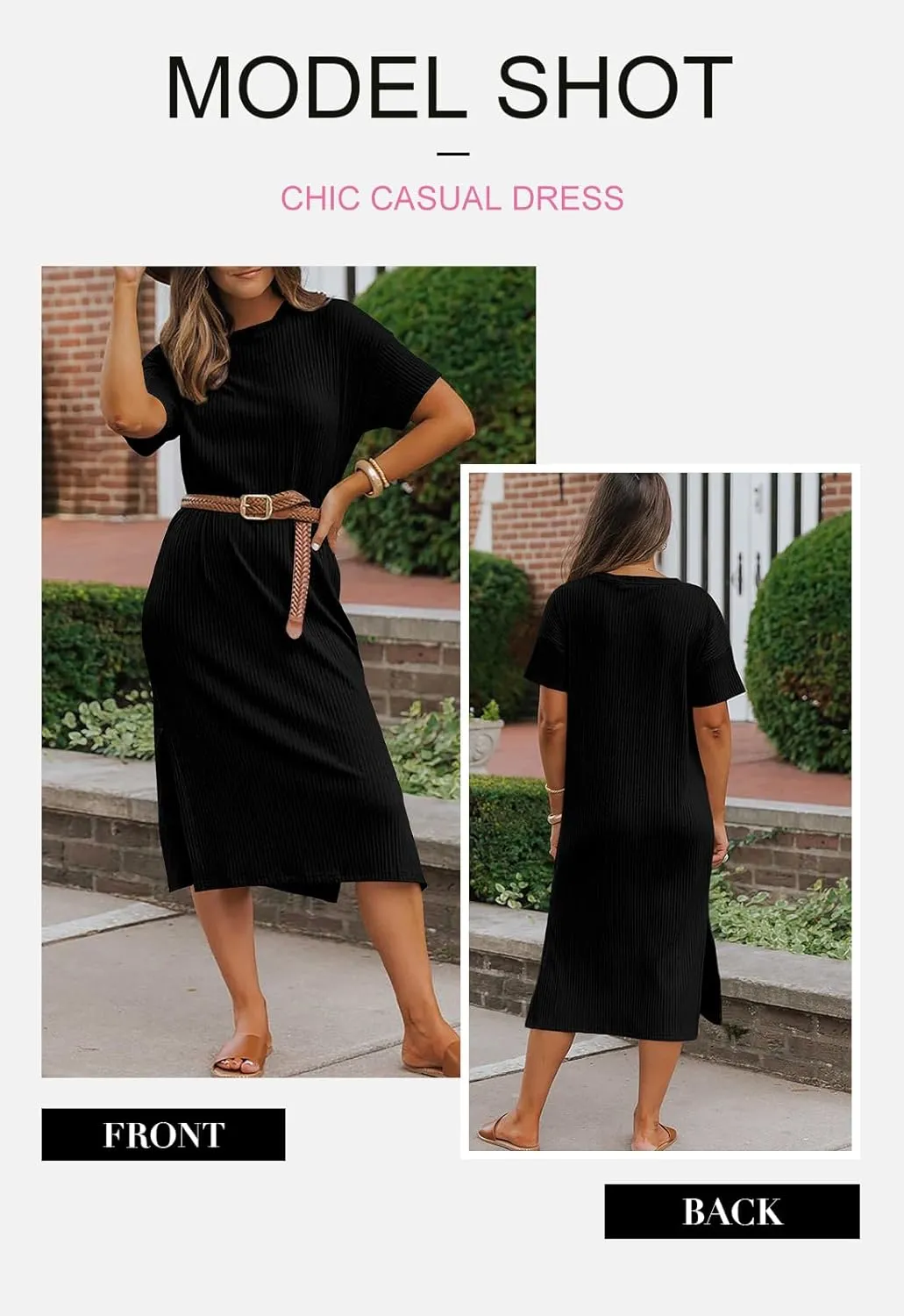 BLENCOT Womens Casual Summer Round Neck Midi Long Dress Short Sleeve Simple Side Split Solid Color Texture Beach Dress