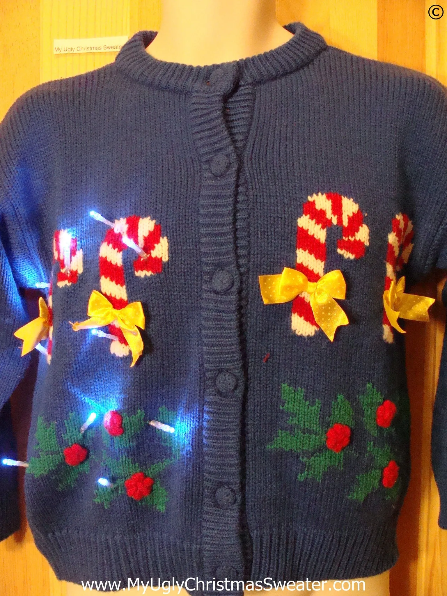 Christmas Sweater Cardigan w- Candy Canes and Lights (g282)