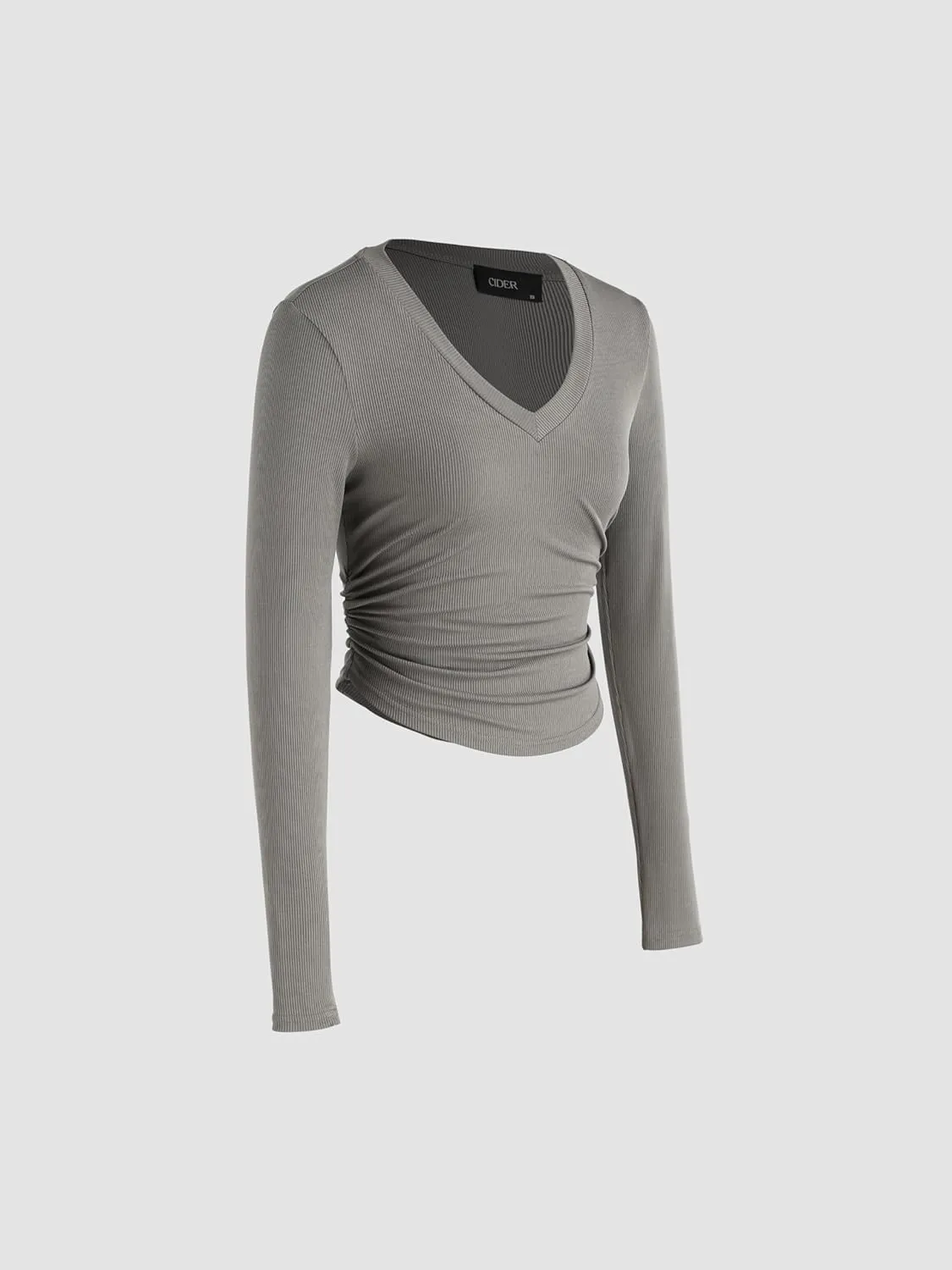 CIDER Women's Long Sleeve Tops V Neck Ruched Crop Top Solid Rib Shirts Basic Tee for Spring Fall