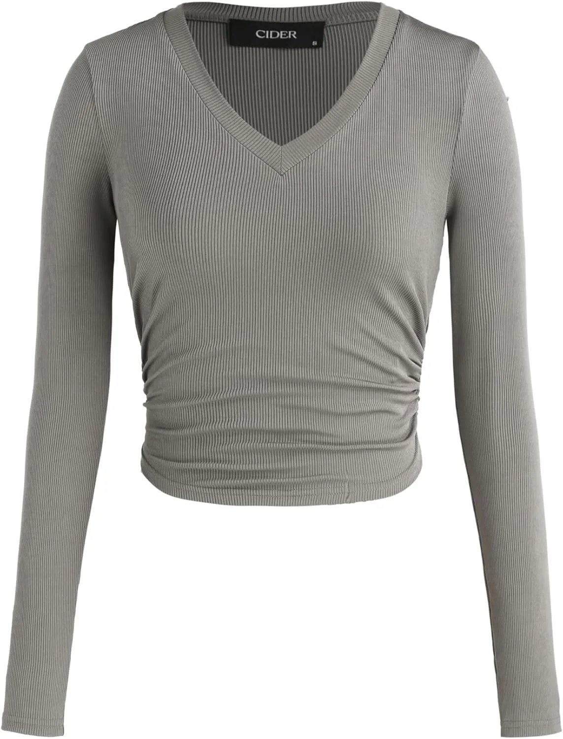 CIDER Women's Long Sleeve Tops V Neck Ruched Crop Top Solid Rib Shirts Basic Tee for Spring Fall