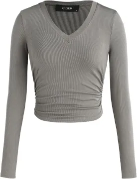 CIDER Women's Long Sleeve Tops V Neck Ruched Crop Top Solid Rib Shirts Basic Tee for Spring Fall