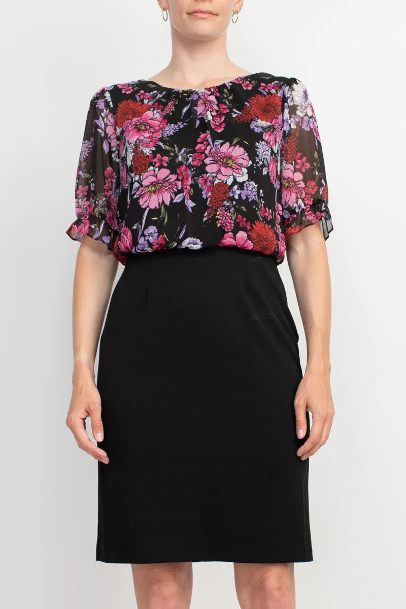 Connected Apparel Boat Neck Short Sleeve Floral Print Chiffon Bodice Stretch Crepe Dress