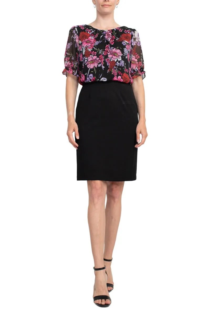 Connected Apparel Boat Neck Short Sleeve Floral Print Chiffon Bodice Stretch Crepe Dress