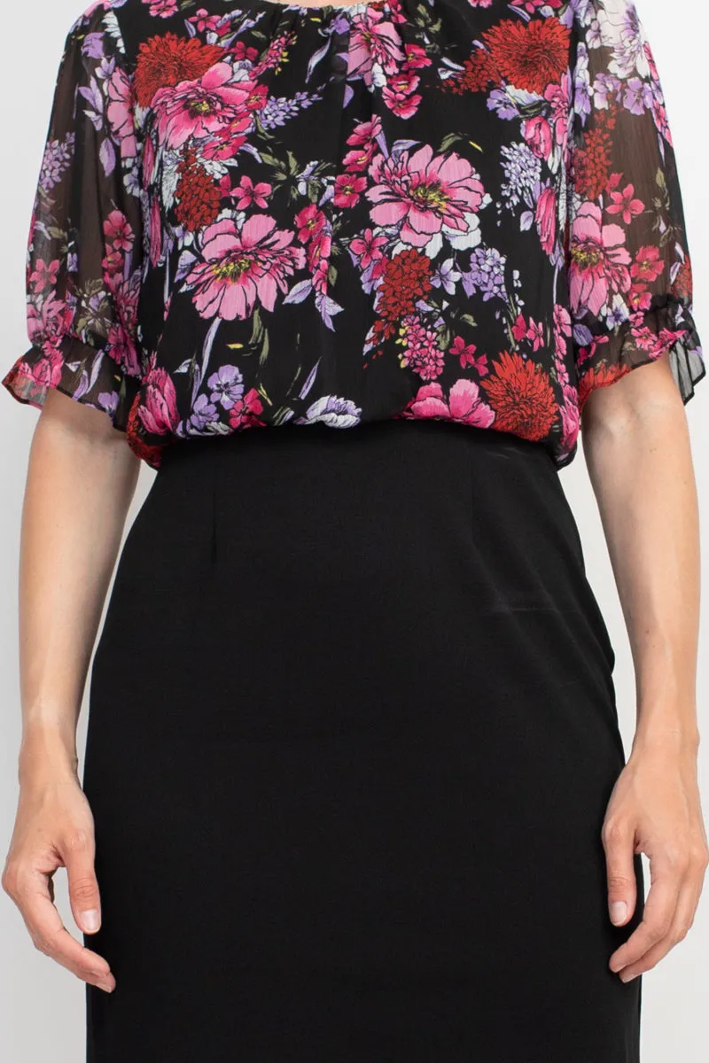 Connected Apparel Boat Neck Short Sleeve Floral Print Chiffon Bodice Stretch Crepe Dress