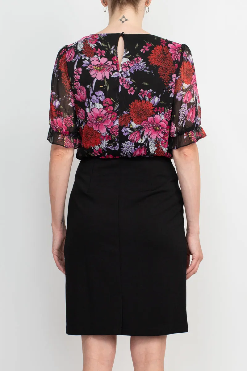 Connected Apparel Boat Neck Short Sleeve Floral Print Chiffon Bodice Stretch Crepe Dress