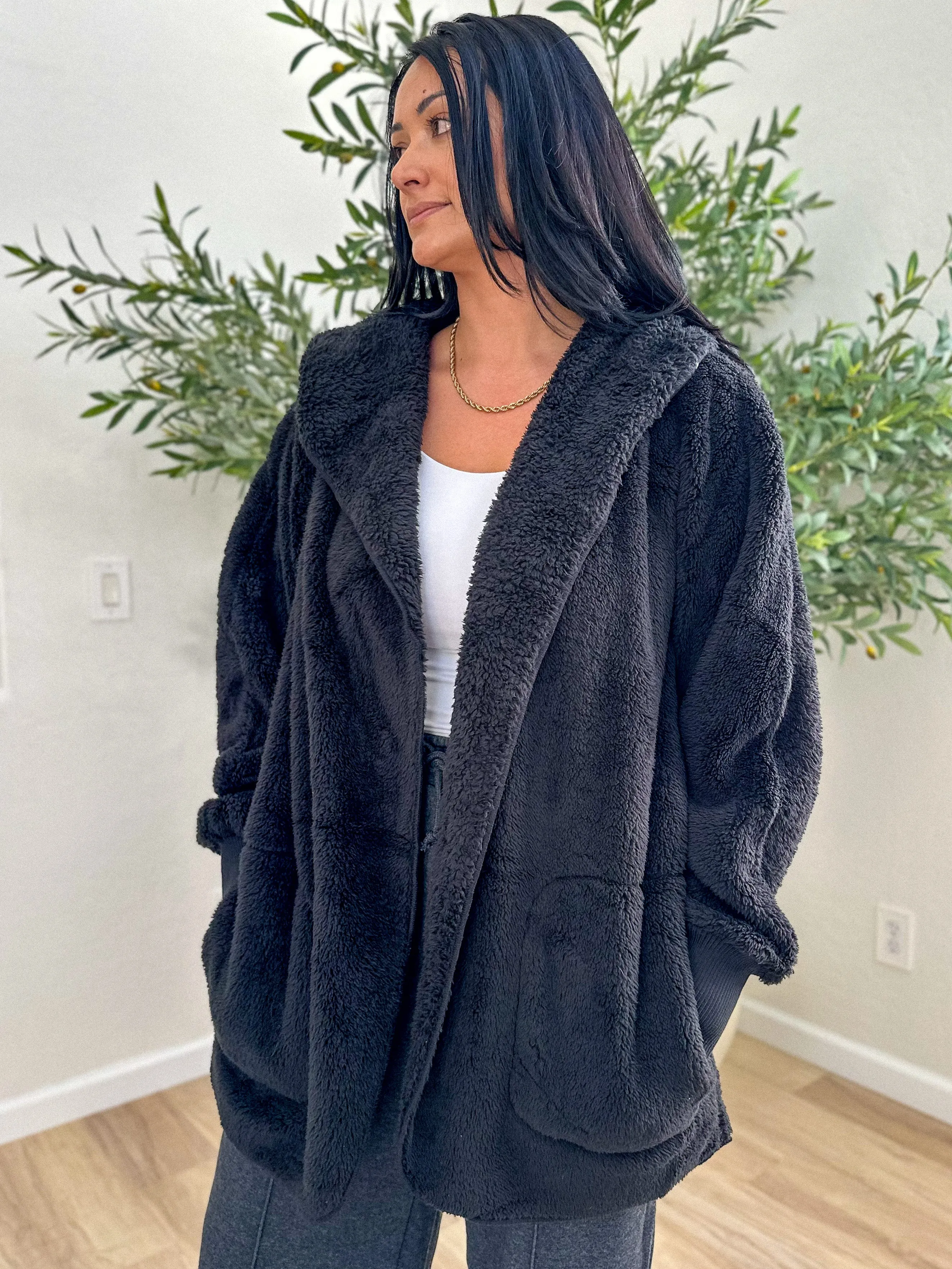 Cozy Plush Hooded Jacket - Black