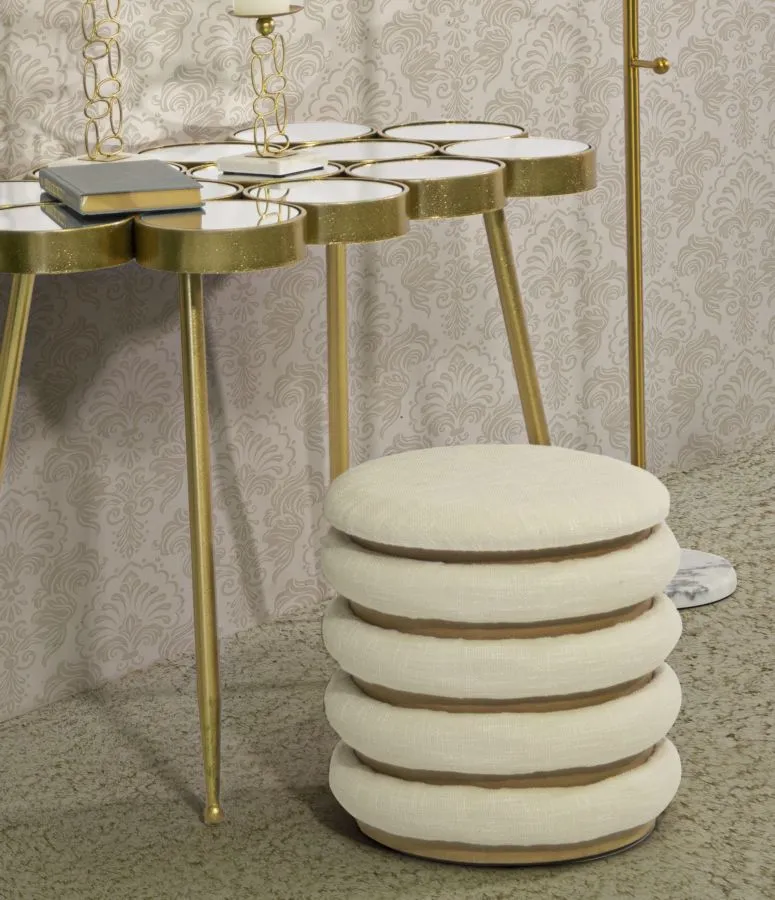 Cream Round Padded & Wooden Pouffe